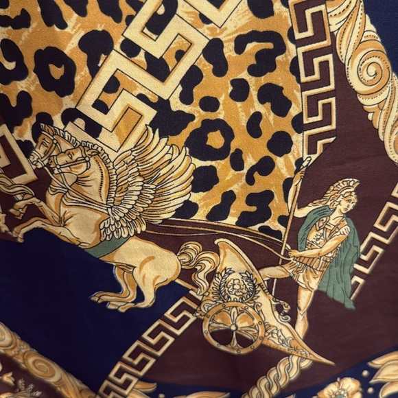 Vintage 80’s Baroque Animal Print Scarf Blouse Gold & Navy Opulent Abstract 14 - Picture 12 of 14